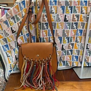 Boho Chic Tan Leather Crossbody Bag with Multicolor Fringe